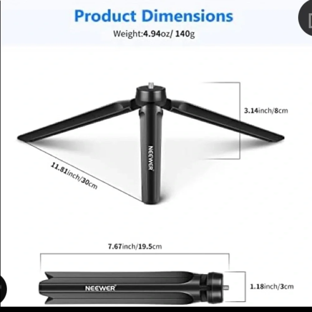 NWT Mini tabletop tripod hand grip pocket size foldable stand with 1/4” screw